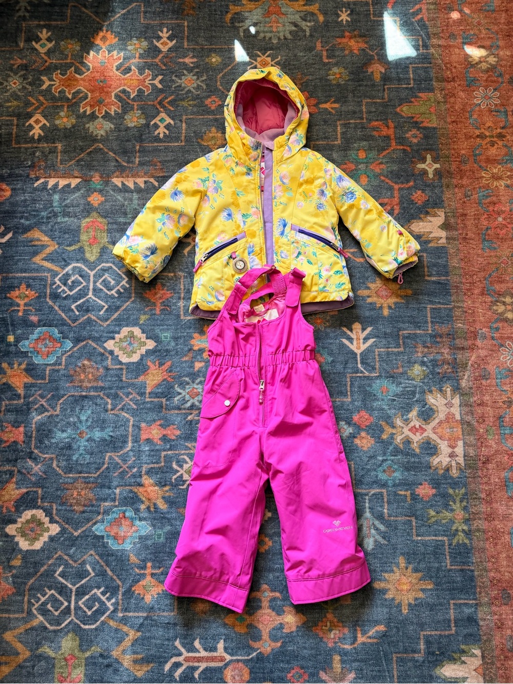 Obermeyer Yellow Floral Hooded Puffer Jacket with Hot Pink Bib Snow Pants